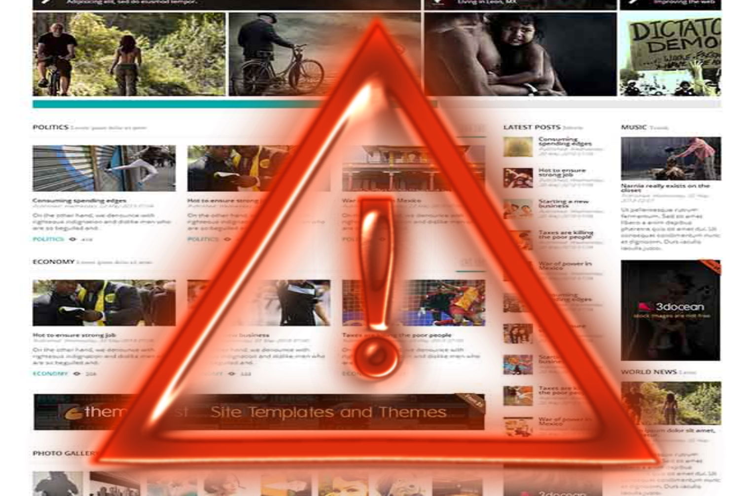 A red glowing error sign — a triangle with an exclamation point inside it — over a news site