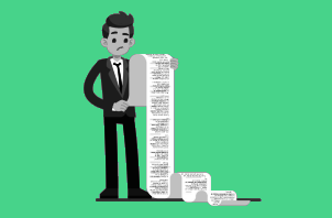 a cartoon man in a suit reading a long trailing scroll of text
