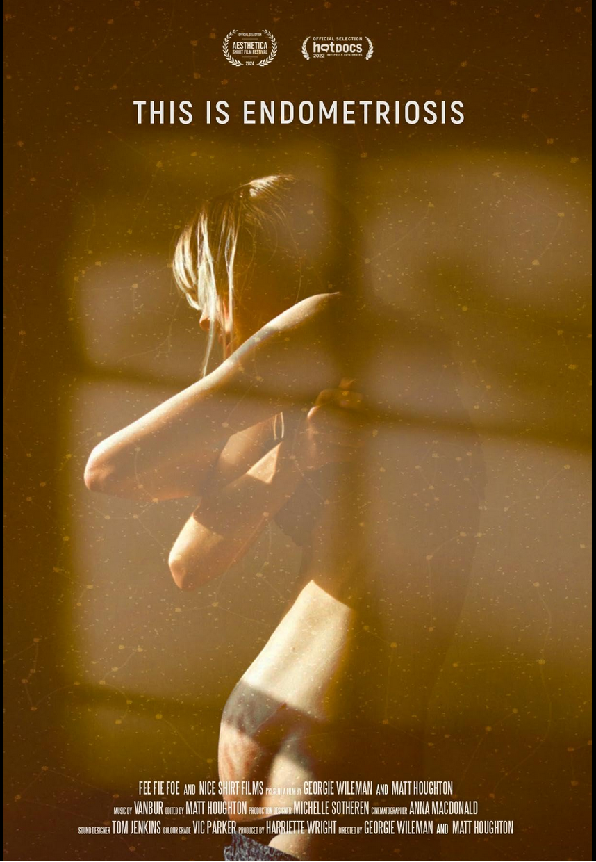 The film poster from the documentary This is Endometriosis, a grainy cepia colored image showing a contorted woman standing naked with shadows across it