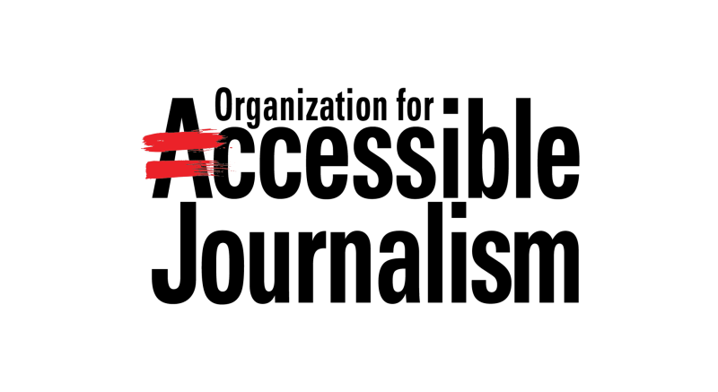 Organization for Accessible Journalism logo using a slim san serif font and the red streak equal over the A in accessible